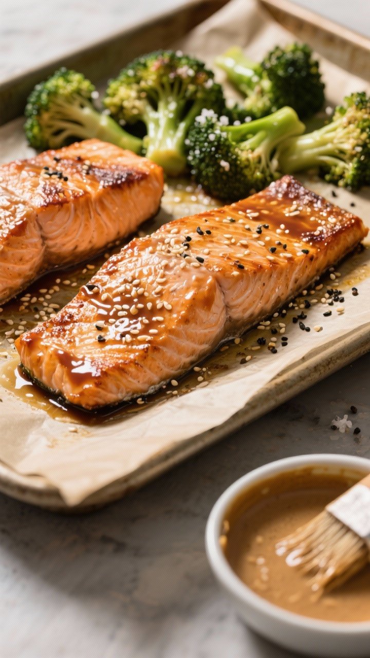 Close-up of miso-ginger salmon fillets (skin on) brushed with glossy marinade, baked to caramelized edges; sesame broccoli florets tossed with avocado oil, a sprinkle of kosher salt and black pepper, and sesame seeds; presented on a parchment-lined sheet pan mid-cook, with a basting brush and small bowl of miso-ginger sauce in frame; warm directional light highlighting lacquered texture.
