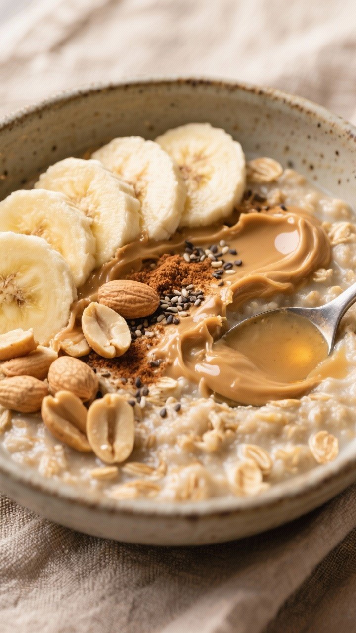 Close-up of peanut butter banana protein oats in a rustic bowl: creamy oatmeal made with protein powder, topped with fanned ripe banana slices, a generous peanut butter swirl, a sprinkle of cinnamon and chia seeds, and a handful of toasted peanuts; a light drizzle of maple syrup pooling; spoon imprint showing thick, velvety texture; warm neutral linens beneath.