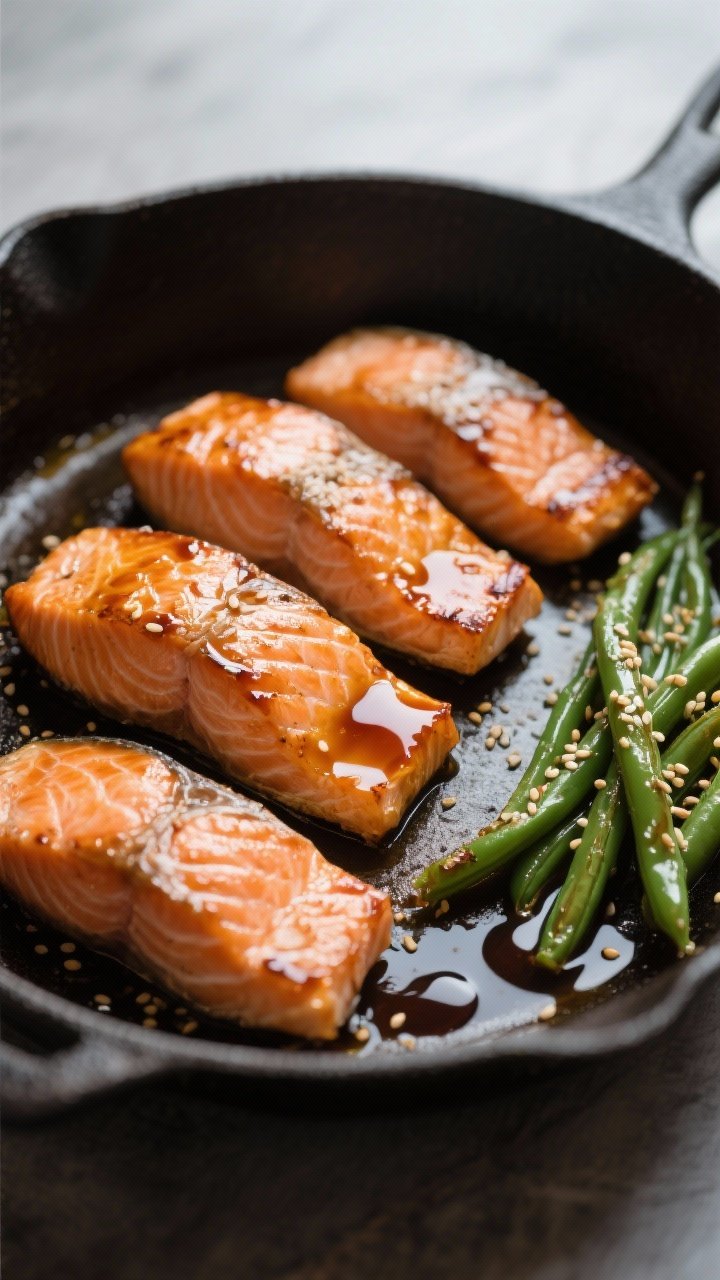 Close-up of salmon in skillet: four skin-on salmon fillets lacquered with a glossy ginger-soy-honey glaze (low-sodium soy/tamari, rice vinegar, toasted sesame oil, fresh grated ginger), edges caramelized; sesame green beans alongside with a few toasted sesame seeds; glistening sauce pooling slightly; shallow depth of field, dramatic side light highlighting flaky texture.