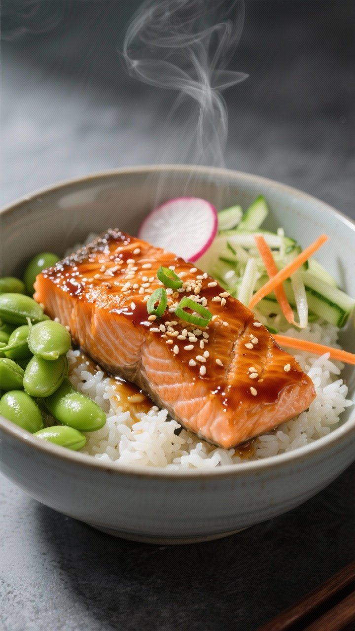 Close-up of Sesame Ginger Salmon Bowl: lacquered salmon fillets (skin-on) glazed with a sesame-ginger soy sauce, nestled over jasmine rice with a side of bright green shelled edamame and thinly sliced crunchy vegetables (radish, cucumber, carrot ribbons); sprinkled with toasted sesame seeds and scallions; glossy, moist salmon texture emphasized; steam gently rising; clean, minimalist ceramic bowl on a matte slate surface, directional side light.