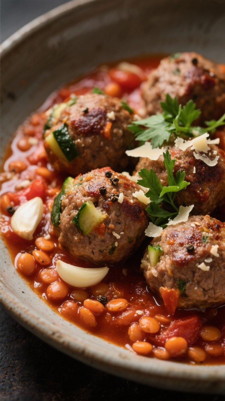 Close-up of spicy turkey and veggie meatballs nestled on garlicky tomato lentils: browned turkey meatballs speckled with grated zucchini, parsley, Parmesan, almond flour, and smoked spice; resting in a thick, rustic red lentil-tomato sauce with visible sautéed garlic; glossy olive oil sheen and cracked pepper on top; served in a shallow stoneware bowl with a torn parsley garnish, moody side light to emphasize texture.
