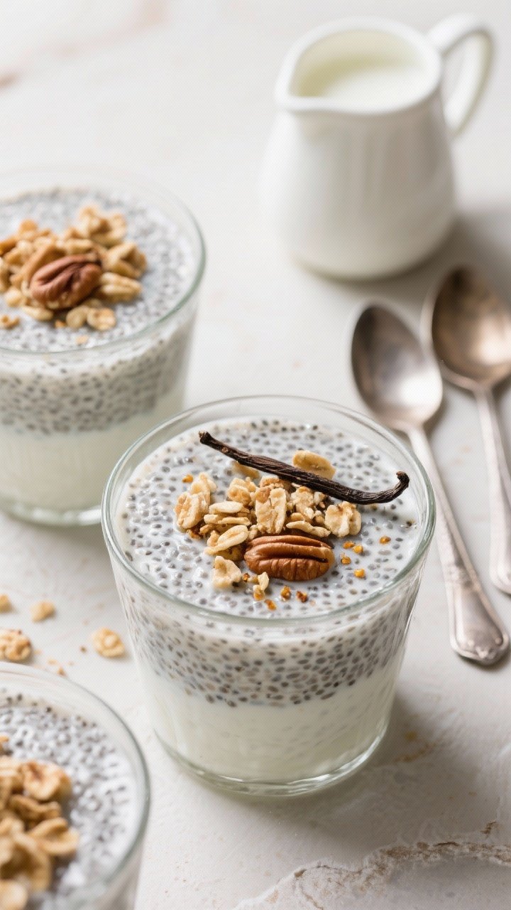 Close-up overhead of high-protein chia pudding cups: creamy chia pudding made with milk, vanilla protein powder, Greek yogurt, and a touch of maple, set in small glasses; topped with crunchy add-ons (toasted nuts or granola), vanilla flecks visible, glossy surface; spoons and a small pitcher of milk nearby; bright, inviting, and texturally rich.