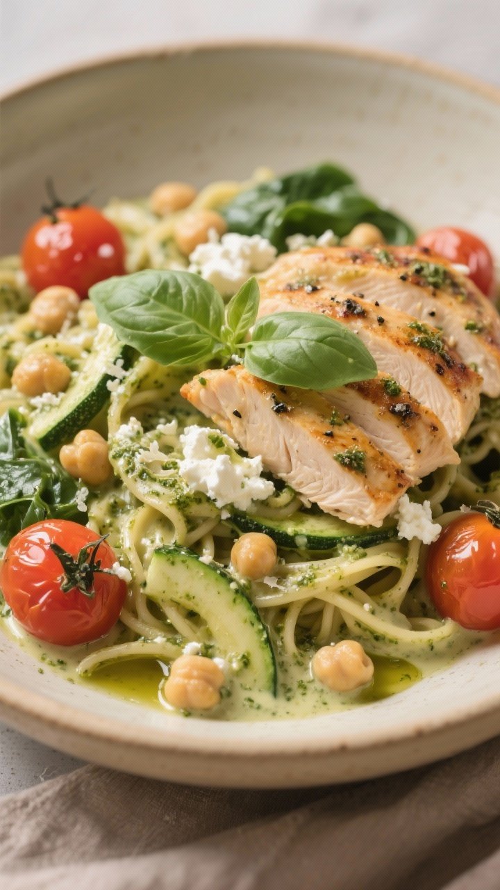 Close-up plated bowl of creamy pesto cottage cheese pasta with roasted chicken and veg: chickpea or whole-wheat pasta coated in a silky pesto-cottage cheese sauce, juicy roasted chicken breast slices seasoned with Italian seasoning, kosher salt, and black pepper; burst cherry tomatoes, ribbons of sautéed zucchini or spinach, and a sprinkle of grated Parmesan; glossy olive oil drizzle, basil leaves, warm neutral ceramics, comforting yet high-protein feel.