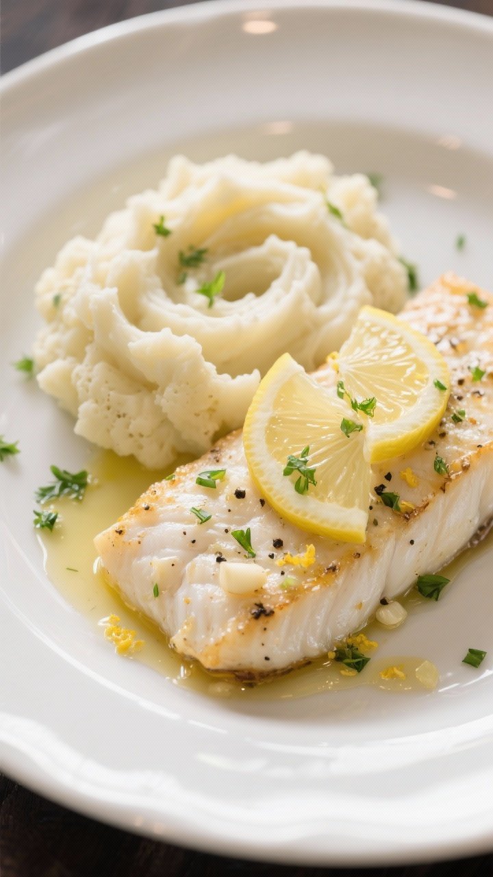 Close-up plated lemon-garlic cod: flaky cod fillets brushed with melted butter, minced garlic, lemon zest, and kosher salt/black pepper, topped with thin lemon slices and chopped herbs; paired with a silky herbed cauliflower mash swirled beside it; a light butter drizzle, micro-herbs scattered; served on a white ceramic plate with gentle side lighting for a refined, restaurant-quality feel.