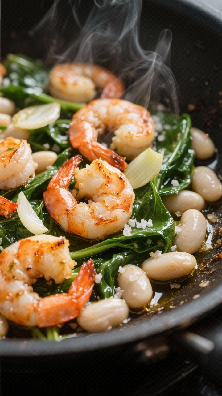 Close-up skillet action shot of Garlicky Shrimp and White Bean with Spinach: shrimp searing in olive oil with thinly sliced garlic visible, cannellini beans tucked between shrimp, baby spinach just beginning to wilt; a light sprinkle of sea salt flakes; steam rising; glossy, garlicky sheen; captured at 45 degrees to show texture of beans and shrimp char.