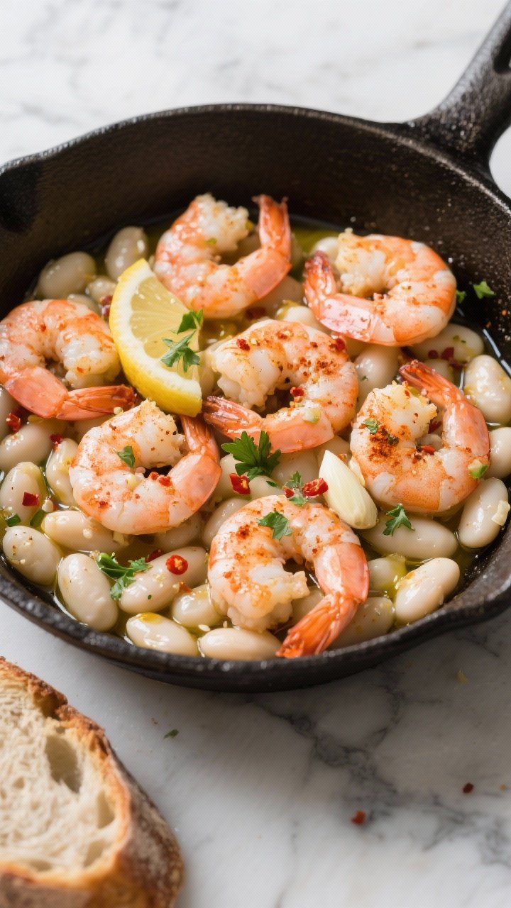 Close-up skillet action shot of garlicky shrimp and white beans: plump pink shrimp seasoned with paprika, salt, and pepper nestled among creamy cannellini beans, glistening in olive oil with minced garlic and a splash of lemon; scattered parsley and chili flakes for color; cast-iron skillet on a marble surface with a crusty bread slice at the edge.