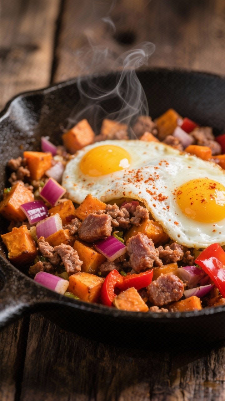 Close-up skillet action shot of smoky turkey sausage sweet potato hash: small diced sweet potatoes seared in olive oil, browned turkey sausage crumbles, diced red onion, and red bell pepper with visible dusting of smoked paprika; two jammy eggs nestled on top with slightly runny yolks; cast-iron pan on a rustic wooden surface, a wisp of steam rising, saturated warm tones.