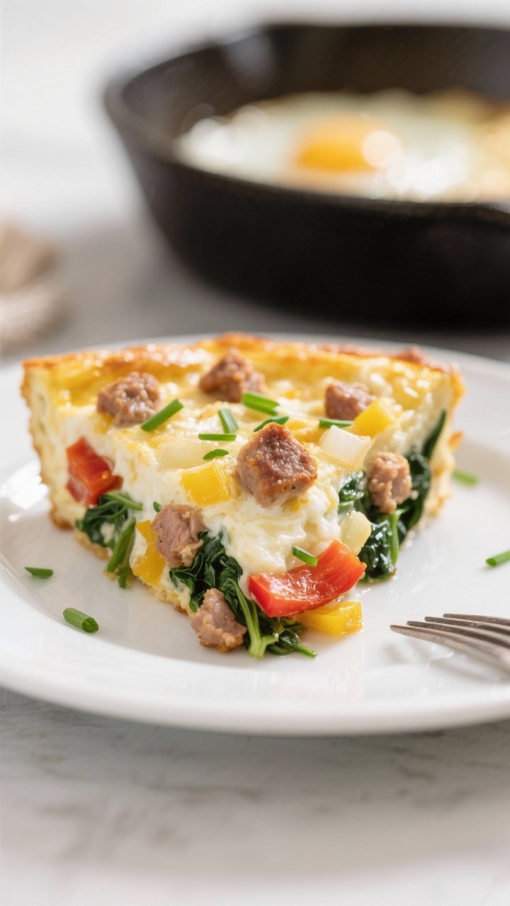 Close-up slice of baked egg white frittata with turkey sausage & veggies: a square cut showing fluffy egg whites studded with crumbled turkey sausage, diced yellow onion, red bell pepper, and wilted spinach. Light golden top, edges clean, a few chives sprinkled on top. Served on a white plate with a fork, background pan slightly blurred, bright morning light for a wholesome breakfast vibe.