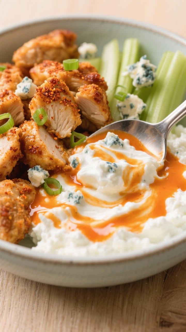 Close-up spoon-in-bowl shot of Buffalo Ranch Cottage Cheese Bowl: creamy low-fat cottage cheese swirled with bright orange buffalo sauce and a drizzle of ranch, topped with crispy pan-toasted chicken bites seasoned with garlic powder, paprika, and salt; scattered celery slices, scallions, and a few crumbled blue cheese bits; thick, glossy textures emphasized; cool-toned ceramic bowl on a light wooden surface; shallow depth of field, appetizing drizzle trails.