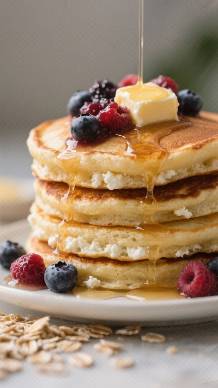 Close-up stack of cottage cheese protein pancakes: golden-brown oat pancakes (cottage cheese, eggs, rolled oats, baking powder, vanilla, pinch of salt) with crisp edges and tender crumb; topped with warm berry compote of mixed berries, juices dripping down the sides; a pat of melting butter and a light drizzle of maple syrup; shallow depth of field, morning light.