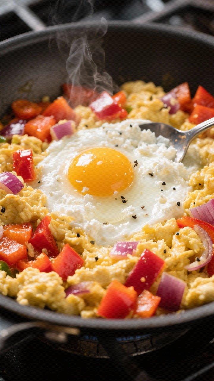Close-up stovetop shot of a Creamy Egg White and Veggie Breakfast-For-Lunch Scramble: glossy sautéed diced bell pepper and red onion in a nonstick skillet, egg whites poured in and softly curdling; a spoonful of ricotta or cottage cheese folded through for creaminess; flecks of black pepper; gentle steam and buttery sheen; shot from slightly above (30–45 degrees) to show creamy texture.