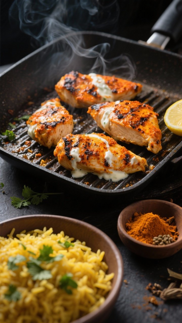 Close-up, straight-on grill-pan scene of tandoori-spiced yogurt chicken chunks sizzling: chicken breasts marinated in Greek yogurt, lemon juice, garam masala, cumin, paprika, and turmeric, showing charred edges and vivid orange-golden hue; side bowl of fluffy turmeric rice with scattered cilantro; warm spices visible in a pinch bowl; moody contrast lighting, aromatic steam captured.