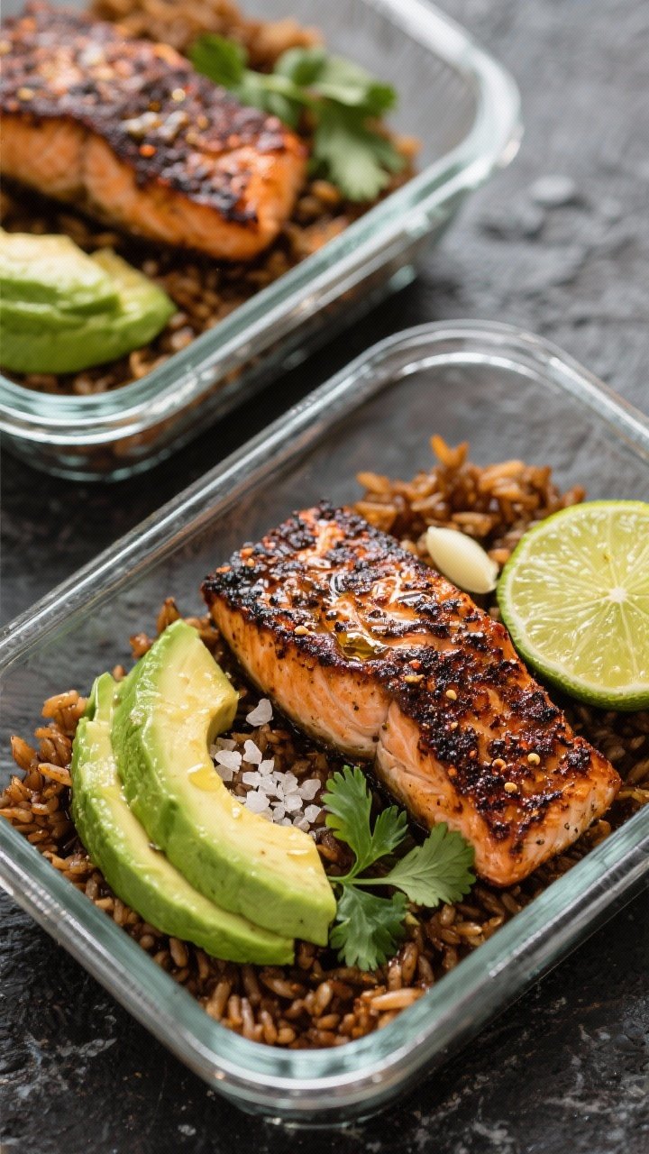 Close-up straight-on meal-prep boxes of Five-Ingredient Blackened Salmon and Avocado Rice: two seared salmon fillets with a dark, fragrant Cajun/blackened crust glistening with olive oil, nestled over warm brown rice mixed with grated garlic; sliced ripe avocado fanned on the side with a squeeze of lime; minimal garnishes—sea salt flakes and cilantro; modern glass containers on a dark stone counter, emphasis on contrast between charred spice crust and creamy green avocado.