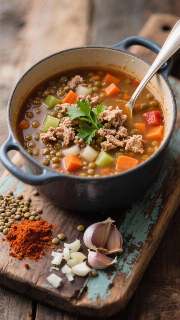 Cozy overhead soup pot: spiced turkey lentil soup simmering—crumbled lean ground turkey, tender lentils, diced onion, carrot, celery, tomato paste-enriched broth, warm cumin and smoked paprika aromatics; garnished with fresh parsley, a ladle resting on the rim, tiny bubbles at the surface; set on a worn wooden board with measured spices and chopped garlic to signal freezer-friendly comfort.