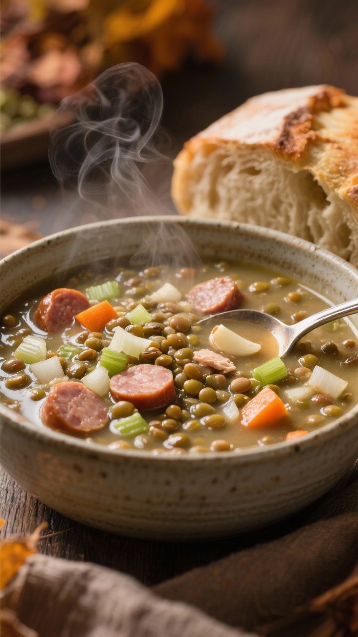 Cozy straight-on bowl of creamy lentil and chicken sausage soup: earthy green/brown lentils simmered with sliced Italian chicken sausage, diced onion, carrot, celery, and minced garlic until thick and hearty; steam rising, glossy surface with visible bits of sausage and tender vegetables; served in a deep ceramic bowl with a spoon, loaf of crusty bread nearby, warm autumnal tones.