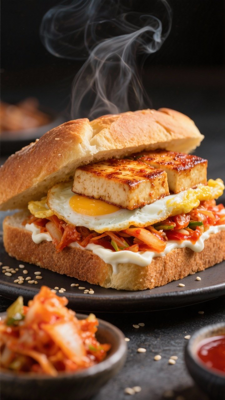 Dynamic close-up of a spicy tofu, egg, and kimchi sando on thick toasted country bread: golden seared extra-firm tofu slab, a softly scrambled egg folded in ribbons, chopped kimchi spilling out, and a gochujang–mayonnaise spread visibly smeared on the toast edges. A hint of steam rising, sesame seeds sprinkled nearby, with a small dish of chopped kimchi and a dab of gochujang in frame. Bold, punchy colors and contrast to evoke Korean-inspired heat.