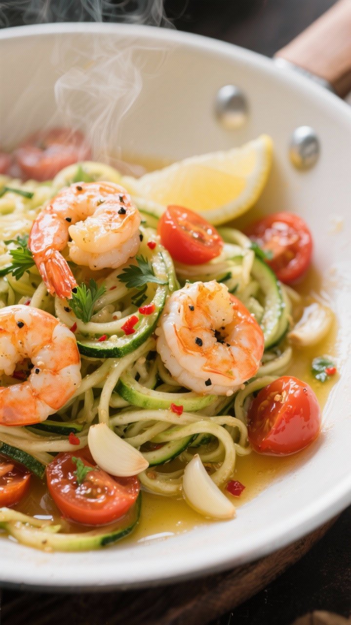 Dynamic close-up of Garlicky Shrimp Scampi Zoodles: plump shrimp, seasoned with salt and black pepper, glistening in a buttery olive oil sauce with thinly sliced garlic and red pepper flakes; nestled over twirled zucchini noodles. Burst cherry tomatoes collapsed and juicy, releasing their color into the sauce. Fresh parsley and a squeeze of lemon visible, steam subtly rising. Shallow depth of field, glossy highlights, served in a shallow white skillet, 45-degree angle.