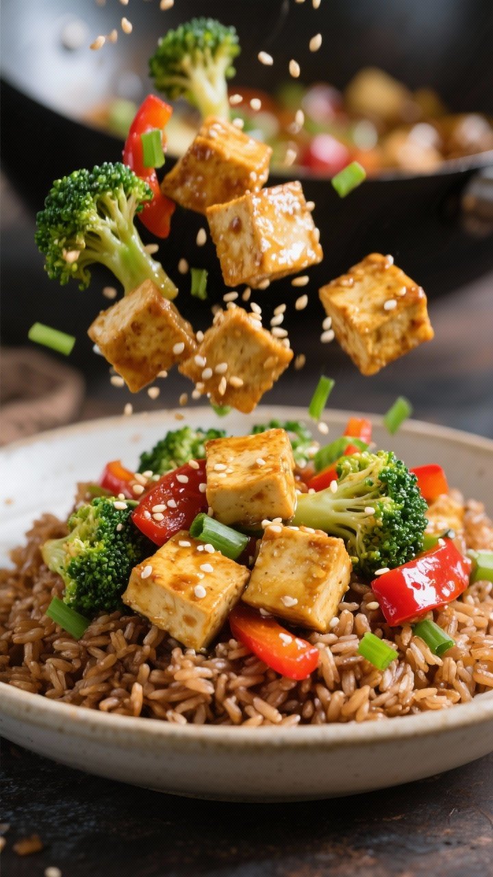 Dynamic wok toss close-up of sesame-garlic tofu and broccoli stir-fry over brown rice: golden-crisp tofu cubes (cornstarch-coated) glistening in a sesame-garlic sauce, bright green broccoli florets and red bell pepper slices shining; sesame seeds and sliced scallions sprinkled on top; served over a mound of warm brown rice in a shallow bowl; high-contrast, glossy stir-fry sheen, energetic yet clean composition.