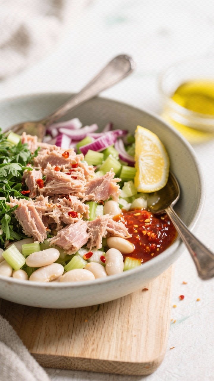 Ingredient-forward, 45-degree prep shot of spicy tuna white bean salad: a mixing bowl with flaked tuna, cannellini beans, finely chopped celery, red onion, and fresh herbs ready to be tossed; visible chili flakes or hot sauce for heat, lemon wedge on the rim, a drizzle of olive oil waiting; utensils mid-frame, crisp and clean styling on a light wood surface emphasizing crunch and freshness.