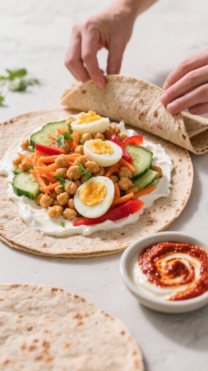 Ingredient-forward wrap assembly at a 45-degree angle for Harissa Chickpea and Egg Power Wraps: whole wheat tortillas laid open, spread with a creamy Greek yogurt and harissa mixture; mounded with smashed chickpeas, chopped hard-boiled eggs, crunchy veg (shredded carrots, thinly sliced cucumbers, and bell pepper strips), and a scatter of fresh herbs; a small dish of extra harissa and yogurt swirl nearby; vibrant reds and greens pop against a neutral surface, ready to roll, bright daylight.