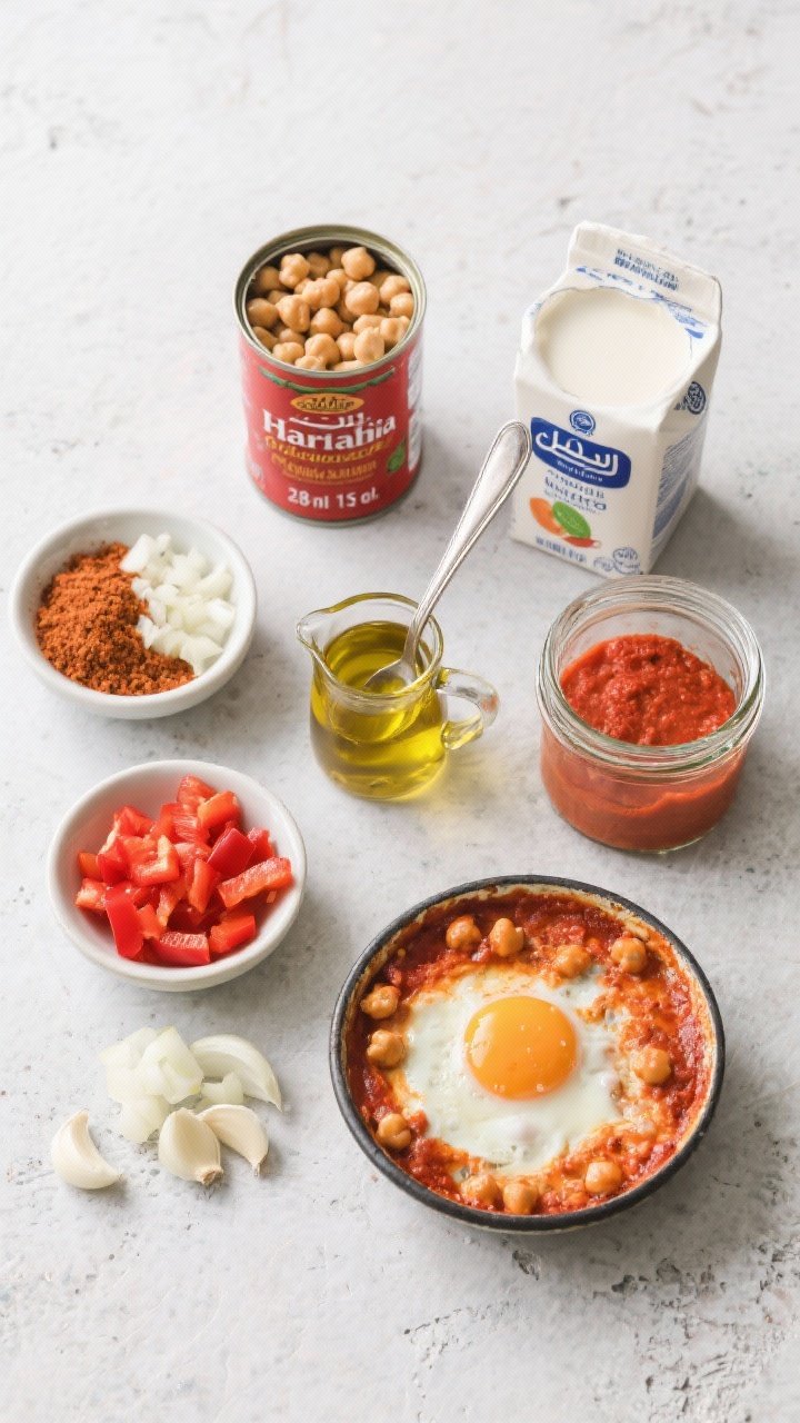 Ingredient prep flat lay for harissa chickpea and egg white shakshuka jars: small bowls of harissa paste, ground cumin, diced onion, diced red bell pepper, minced garlic, crushed tomatoes (28 oz can), drained chickpeas (15 oz can), and a carton of liquid egg whites; olive oil in a tiny pitcher; arranged on a light concrete surface with a clean ladle and empty glass jars ready for layering; vibrant reds and oranges conveying North African warmth.
