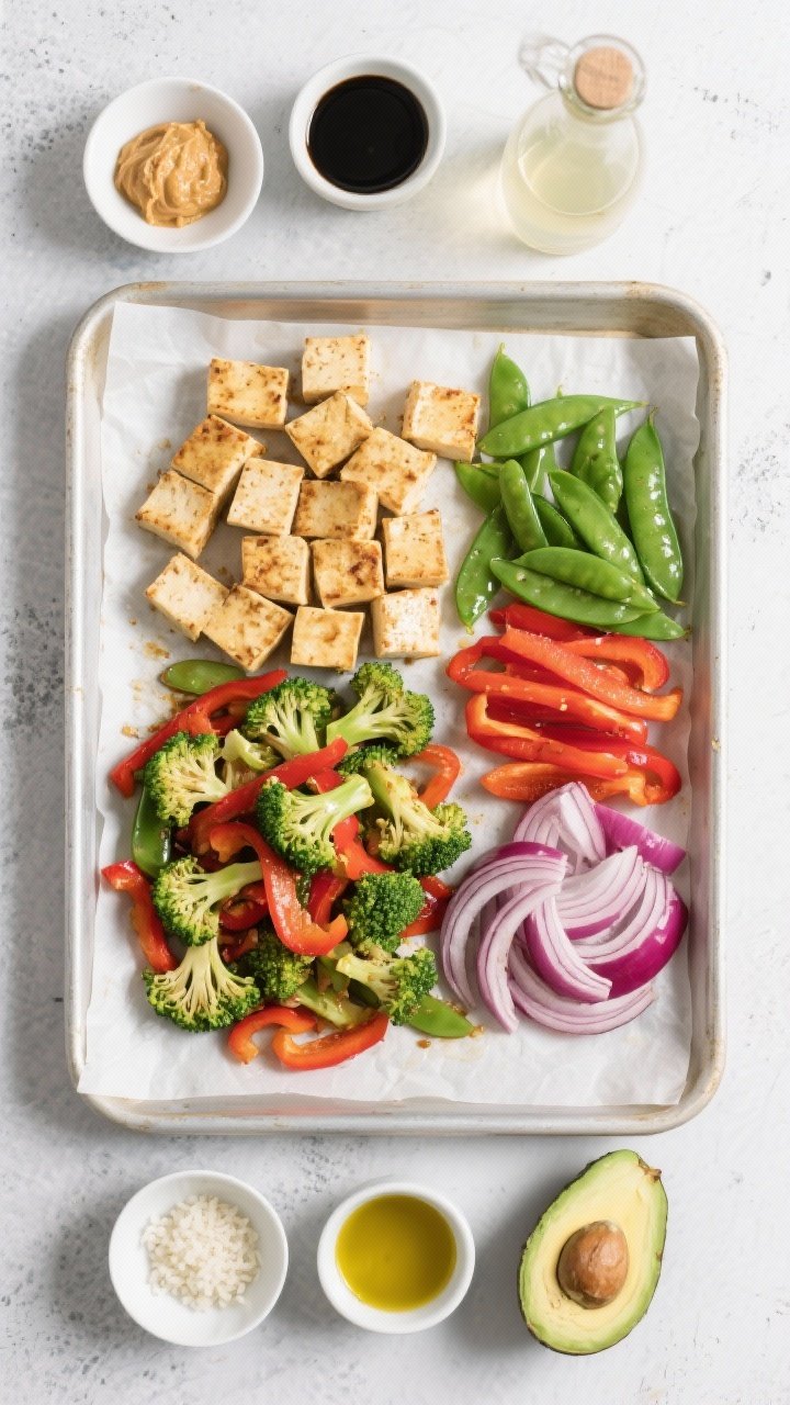 Ingredient prep flat lay for miso-ginger tofu & veggie stir-fry bake: neat compartments on a parchment-lined sheet pan showing pressed extra-firm tofu cubes, broccoli florets, red bell pepper strips, snap peas, and sliced red onion. Small bowls hold white/yellow miso, grated ginger, soy sauce, rice vinegar, and avocado oil. Overhead minimalist composition on a light concrete surface, vibrant greens and reds, ready-to-bake energy.