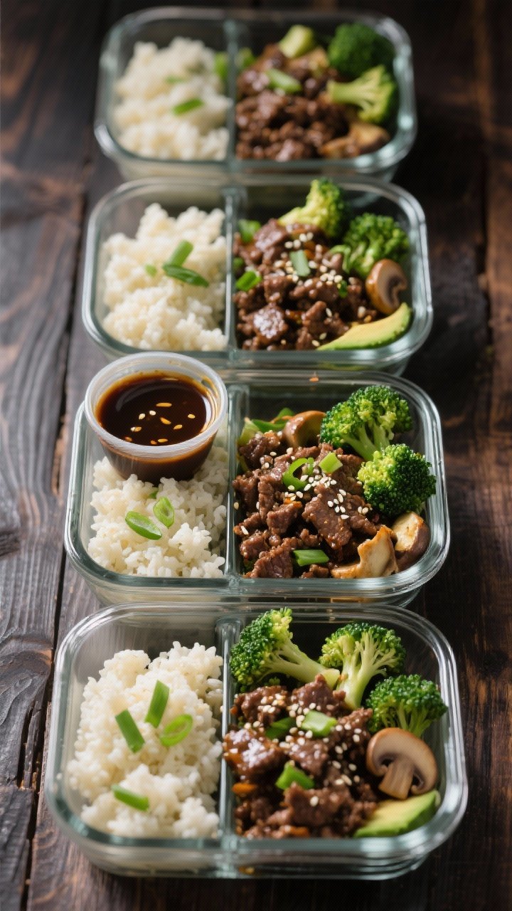 Meal-prep style straight-on shot of Korean-Inspired Beef and Broccoli Bowls: glossy lean ground beef (or thinly sliced sirloin) stir-fried with avocado oil, nestled beside vibrant broccoli florets and optional sautéed mushrooms, all over riced cauliflower. Garnished with sliced green onions and sesame seeds, a small ramekin of sauce in frame to suggest a soy-tamari style glaze. Presented in compartmentalized glass containers lined up for the week, dark wood background with directional light emphasizing sheen and color.