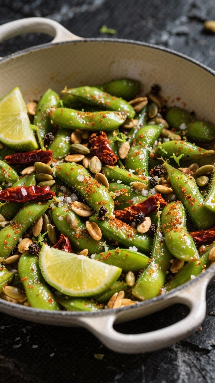 Overhead action shot of crunchy chili-lime edamame with toasted pepitas in a wide, shallow enamel pan: bright green shelled edamame tossed with olive oil, chili powder, smoked paprika, ground cumin, kosher salt, black pepper, and lime zest. Pepitas scattered and lightly browned, with a final squeeze of lime juice beading on the surface. Vibrant, zesty mood on a dark stone surface for contrast.