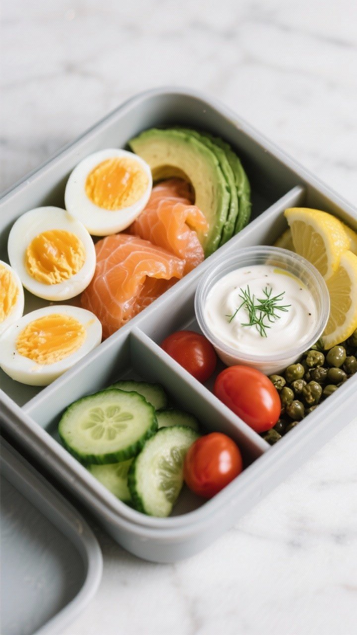 Overhead bento-style protein box: neat compartments with halved hard-boiled eggs, silky slices of smoked salmon, fanned ripe avocado, cucumber rounds, cherry tomatoes, and capers; lemon wedges and a small container of Greek yogurt–dill sauce; cool, Scandinavian vibe with clean lines and crisp colors, no clutter.