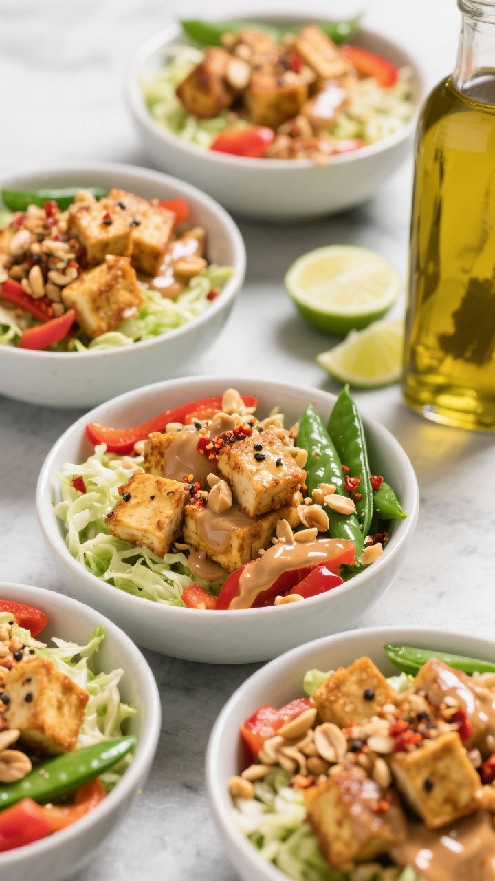 Overhead bowl lineup of spicy tofu and peanut crunch bowls: golden crispy extra-firm tofu cubes (pressed) seasoned with kosher salt and black pepper, layered with shredded green cabbage, red bell pepper slices, and snap peas; drizzled with glossy peanut sauce, crushed peanuts and chili flakes sprinkled; avocado oil bottle and lime wedges off to the side; vibrant, crunchy, convincing for skeptics.