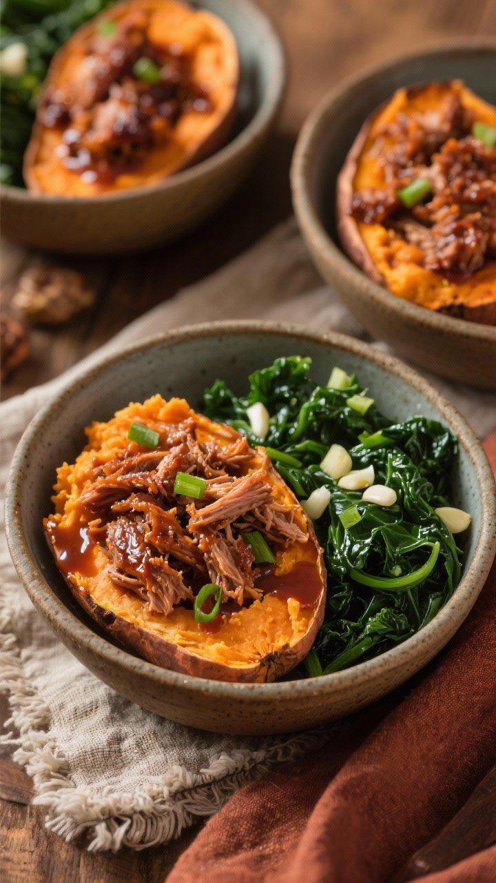 Overhead bowl shot of BBQ Pulled Pork Sweet Potato Bowls with Garlicky Greens: roasted halved sweet potatoes mashed slightly and topped with saucy leftover pulled pork tossed in BBQ sauce and a splash of apple cider vinegar; side of garlicky sautéed greens (kale or spinach glistening with olive oil and minced garlic); drizzled extra BBQ, sprinkle of scallions; served in stoneware bowls on a rustic linen, warm, cozy color palette of orange, deep green, and mahogany.