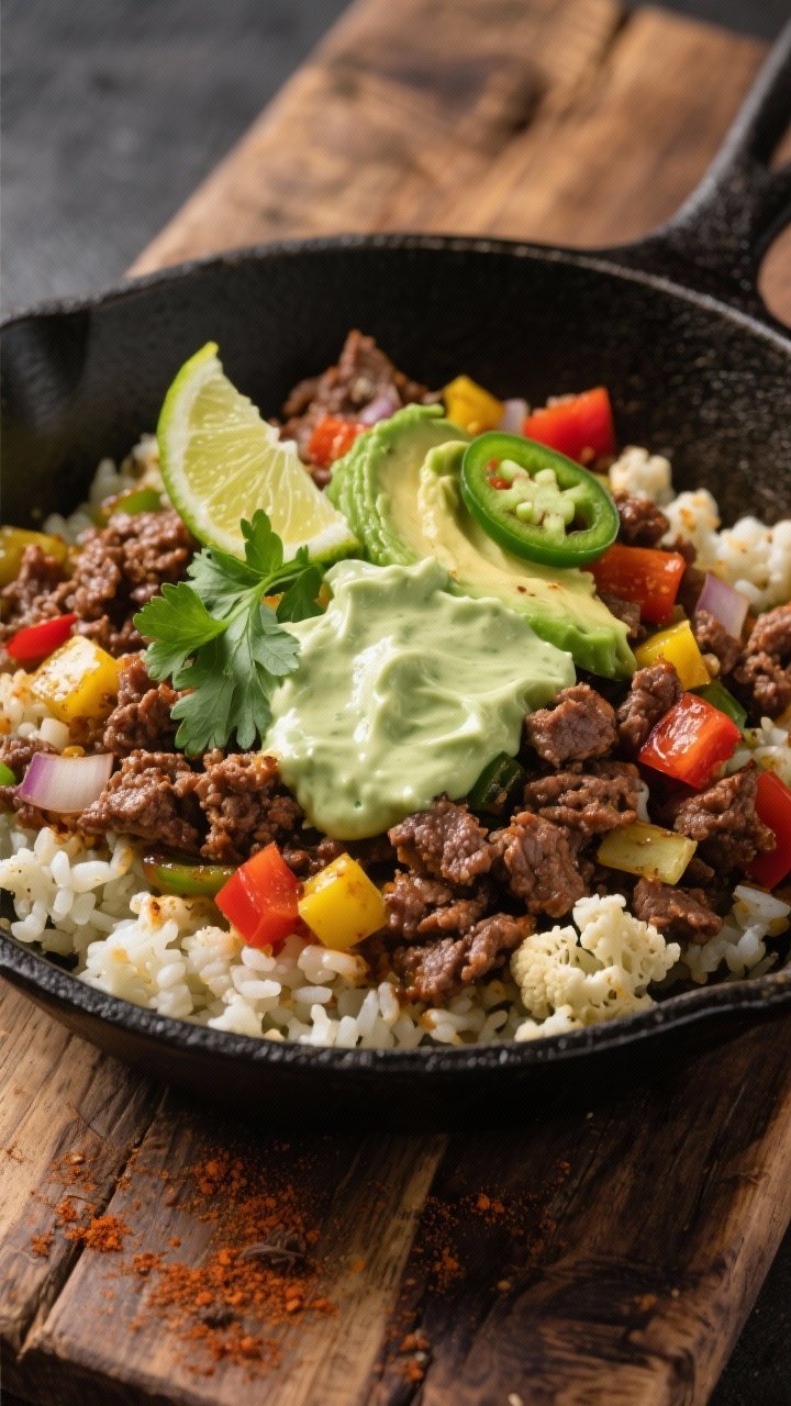 Overhead bowl shot of chipotle beef & cauliflower rice skillet with avocado crema: crumbled lean ground beef seasoned with chili powder, cumin, and smoked paprika, sautéed with diced yellow onion, red bell pepper, garlic, and a touch of tomato paste, tossed through fluffy cauliflower rice. A generous swoosh of pale green avocado crema on top, lime wedge, cilantro, and thin jalapeño slices for heat. Dark ceramic bowl on a rustic wooden board, rich earthy tones and high contrast.