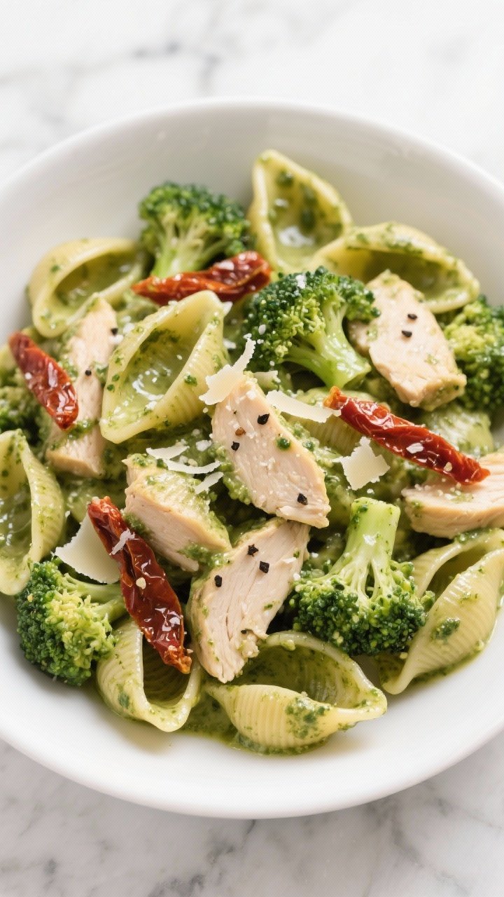 Overhead bowl shot of creamy pesto chicken pasta: high-protein pasta shells coated in a glossy basil pesto cream, tender bite-size chicken pieces, small broccoli florets still bright green, and ribbons of sun-dried tomatoes throughout; grated parmesan dusting and cracked black pepper on top; olive oil glisten, clean white bowl on marble, modern fresh aesthetic.