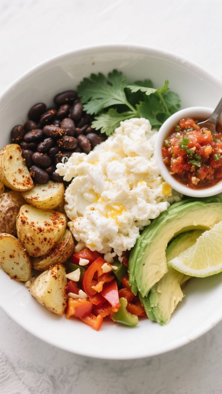 Overhead breakfast-for-lunch bowl: fluffy scrambled egg whites with a soft sheen, chipotle black beans, roasted Yukon gold potatoes dusted with smoked paprika and garlic powder, diced bell peppers, and a spoon of salsa. Avocado slices, cilantro, and lime wedge accents. High-protein, vibrant, clean lines in a white bowl, light and airy morning vibe, minimal props.
