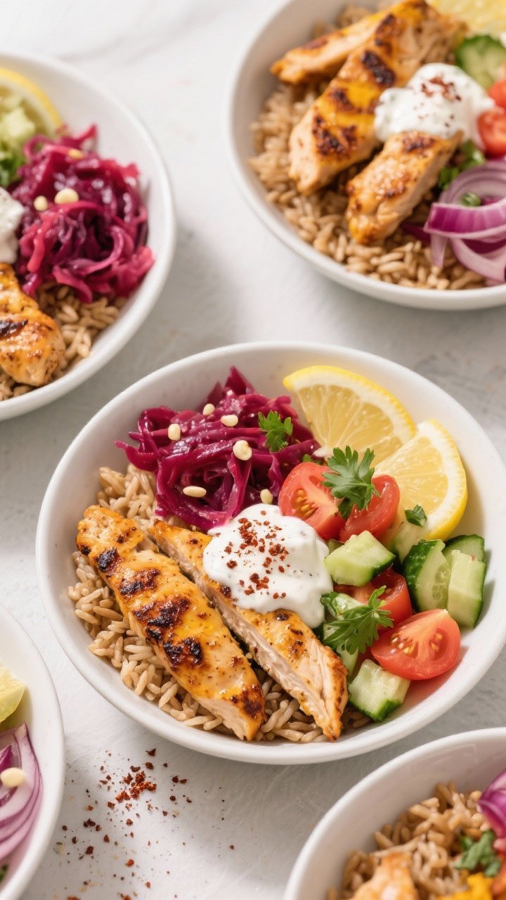 Overhead build-your-own shawarma bowls: yogurt-marinated chicken strips (Greek yogurt, lemon juice, olive oil, garlic, ground cumin, coriander, paprika, turmeric) charred and juicy; arranged with fluffy brown rice, cucumber-tomato salad with parsley, red onion, and lemon, pickled red cabbage, and a drizzle of garlicky yogurt sauce; warm Middle Eastern palette, sprinkled sumac, served in wide white bowls.