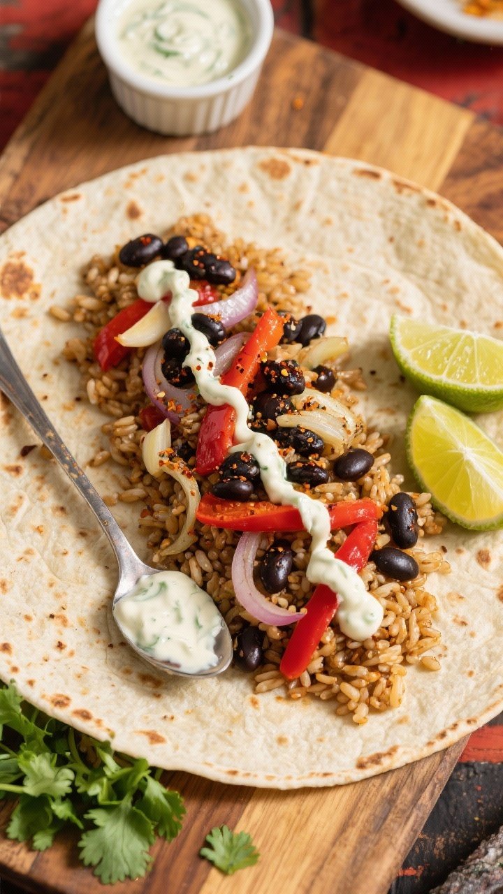 Overhead burrito assembly shot for Spicy Black Bean Breakfast Burrito with Lime Crema: a warm tortilla laid open with a bed of cooked brown rice/quinoa, spoonfuls of black beans, sautéed onion and red bell pepper with garlic, a sprinkle of seasoning, and a generous zigzag of lime crema in a small ramekin nearby; lime wedges and a small pile of chopped cilantro on a wooden board, vibrant, casual street-food vibe.