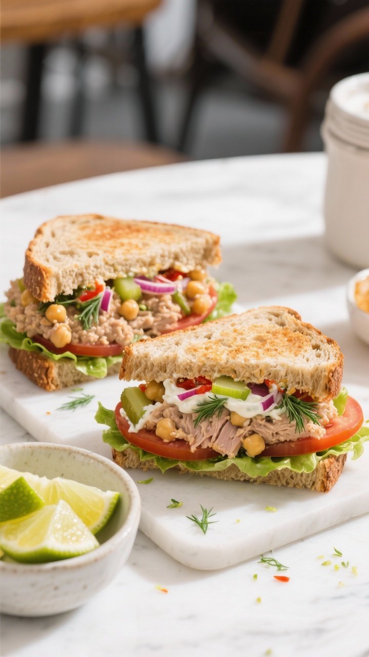 Overhead café-style shot of Sriracha-Lime Crispy Chickpea “Tuna” Sandwiches: hearty sandwiches on toasted whole-grain bread, stuffed with mashed chickpeas mixed with red onion, celery, dill pickle, fresh dill, a creamy mayo-yogurt blend, sriracha, and lime zest; crisp lettuce and tomato slices layered in; cross-section halves showing texture; extra filling in a small bowl with lime wedges nearby; clean, bright, appetizing scene.