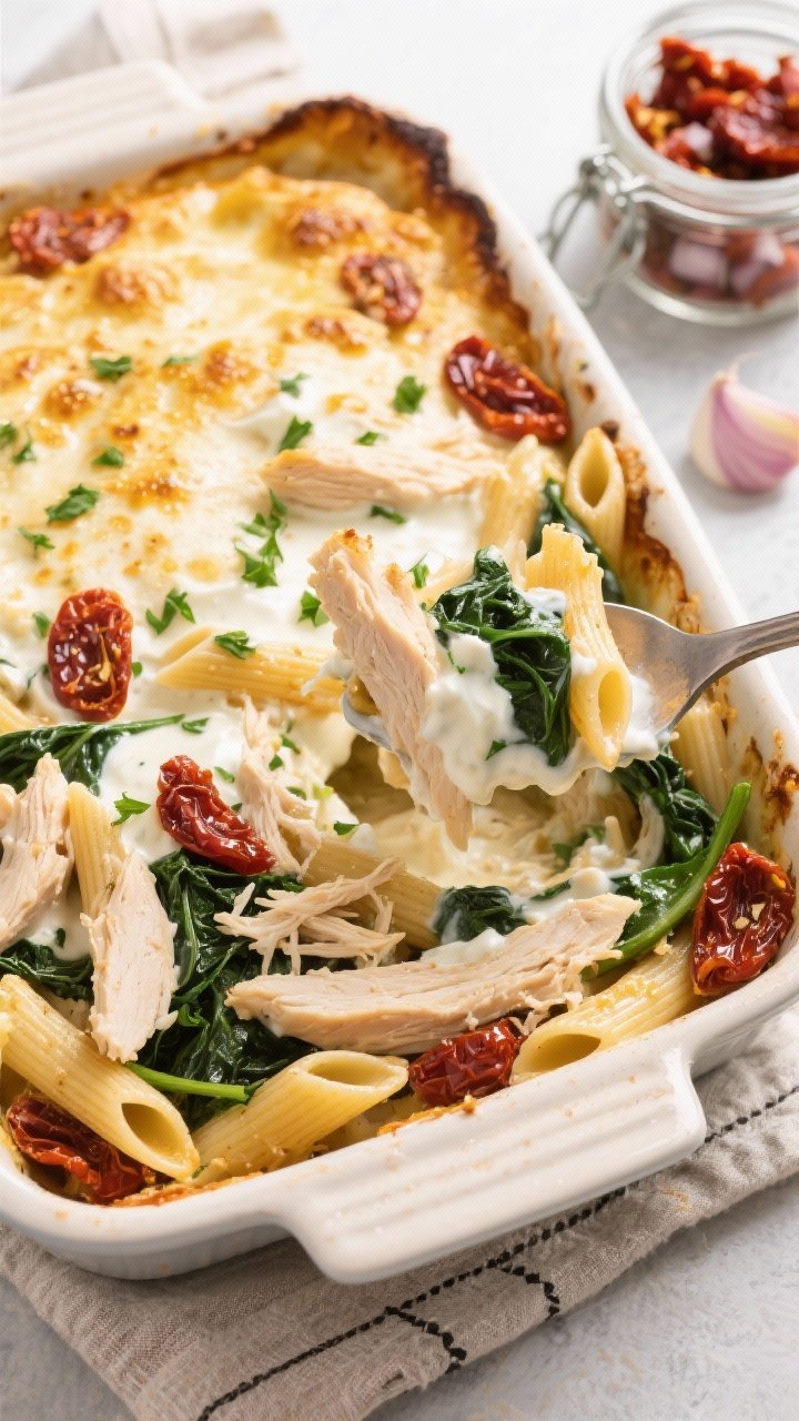 Overhead casserole beauty of Greek yogurt chicken pasta bake with spinach and sun-dried tomatoes: high-protein penne folded with shredded cooked chicken breast, silky Greek yogurt sauce, ribbons of wilted spinach, and sun-dried tomatoes in oil; lightly browned, creamy top with golden speckles, garnished with chopped parsley; a serving spoon pulling out a gooey portion to show texture; set on a linen with a small jar of sun-dried tomatoes and diced onion/garlic to the side; bright, appetizing light.