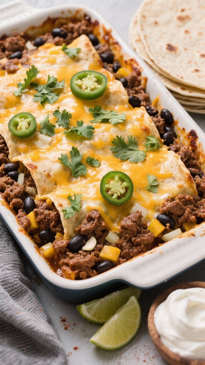 Overhead casserole pan of chipotle black bean and beef burrito bake: browned lean ground beef mixed with diced yellow onion, minced garlic, black beans, cumin, chili powder, and smoky chipotle in adobo; topped with melted cheese, scattered with chopped cilantro and sliced jalapeños; warm tortillas stacked nearby, lime wedges and a dollop of sour cream on the side; bubbling edges captured for a hearty Tex-Mex mood.