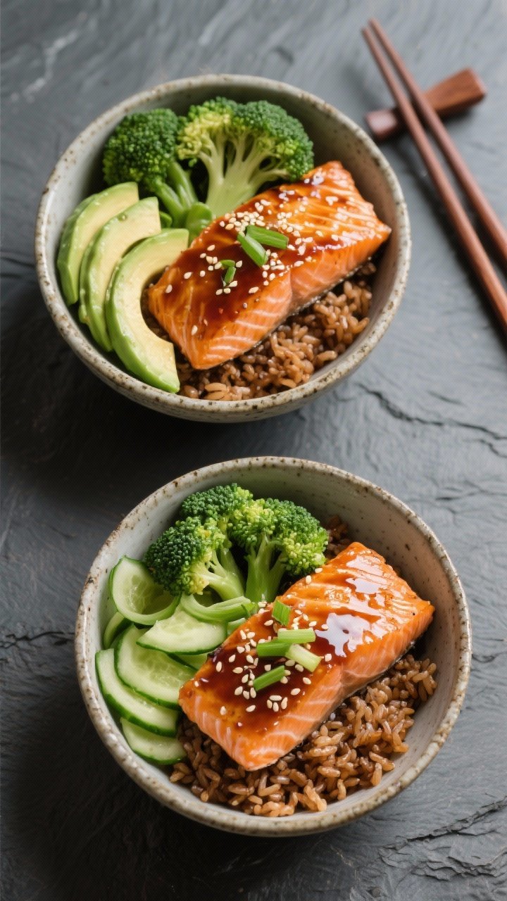 Overhead composed Maple-Miso Salmon Rice Bowls With Pickled Cucumbers: lacquered salmon fillets (skin-on) with a maple-miso glaze arranged over warm brown rice, accompanied by steamed broccoli, sliced avocado fan, quick-pickled cucumber ribbons, and sliced green onions; sprinkled sesame seeds; served in stoneware bowls on a slate surface with chopsticks; glossy glaze highlights, balanced Japanese-inspired styling.