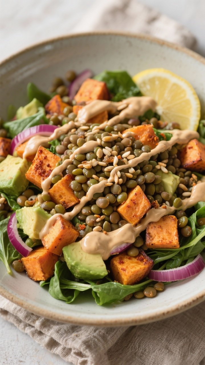 Overhead composed salad bowl: Spiced Lentil Power Salad with Roasted Sweet Potato and Tahini Drizzle—tender green/brown lentils simmered in vegetable broth, roasted sweet potato cubes tossed in avocado oil with ground cumin, smoked paprika, and sea salt, layered with baby greens, thinly sliced red onion, and crunchy seeds; generous creamy tahini-lemon drizzle zigzagged on top; warm autumnal palette, ceramic bowl on linen napkin, natural diffused light.