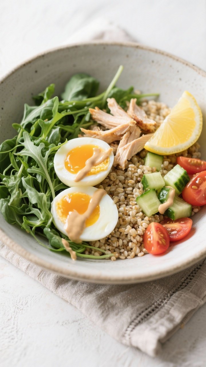 Overhead, composed savory breakfast grain bowl: base of fluffy cooked quinoa, nest of baby spinach and arugula, shredded rotisserie chicken scattered across, two jammy soft-boiled eggs halved with glowing yolks, a small heap of chopped cucumber and cherry tomato, finished with a glossy lemon-tahini drizzle and a wedge of lemon; matte stoneware bowl on linen napkin, bright natural light for a fresh, protein-packed feel.
