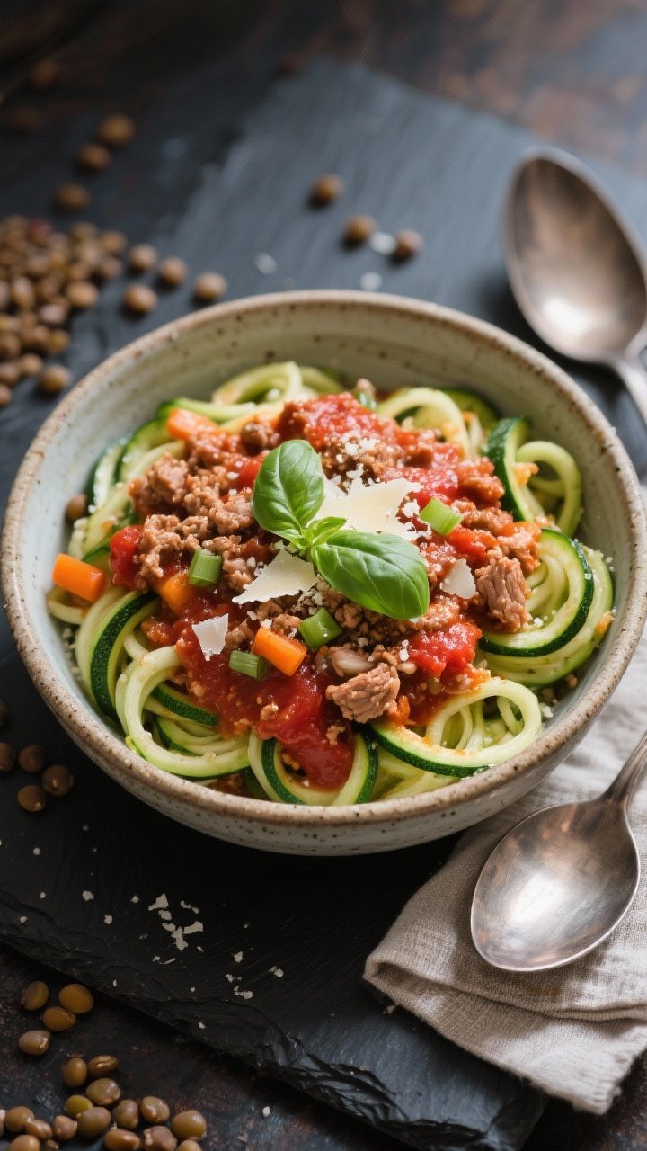 Overhead cozy bowl of lentil-turkey Bolognese over zucchini noodles: rich red sauce with lean ground turkey, brown lentils, finely diced onion, carrots, celery, and minced garlic simmered in crushed tomatoes; ladled generously over spiralized zucchini, sprinkled with fresh basil and a dusting of Parmesan; rustic ceramic bowl on a dark slate, napkin and spoon nearby.