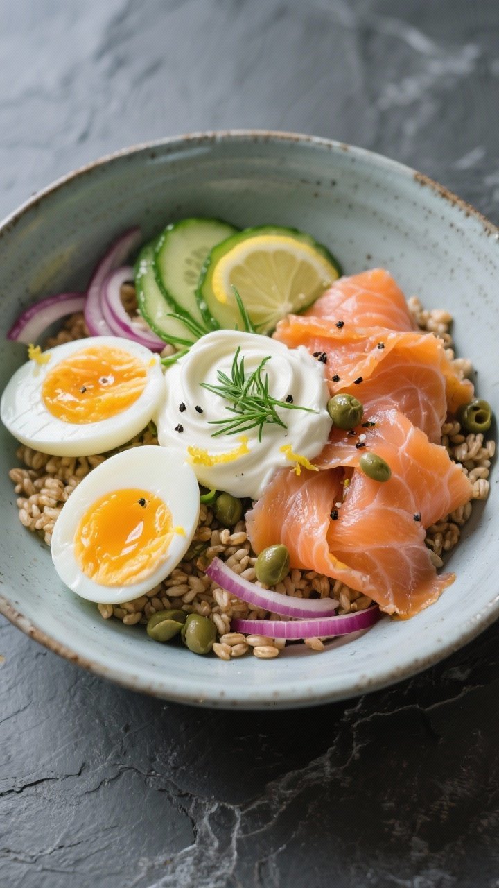 Overhead, elegant lox-style salmon and egg grain bowl: chewy farro base, ribbons of smoky salmon, halved soft-boiled eggs with glossy yolks, thinly sliced cucumber curls, slivers of red onion, capers scattered, and a dollop of herb yogurt (dill and chives) swirled on top; sprinkled black pepper and lemon zest, served in a cool-toned ceramic bowl on a slate surface for a refined brunch mood.