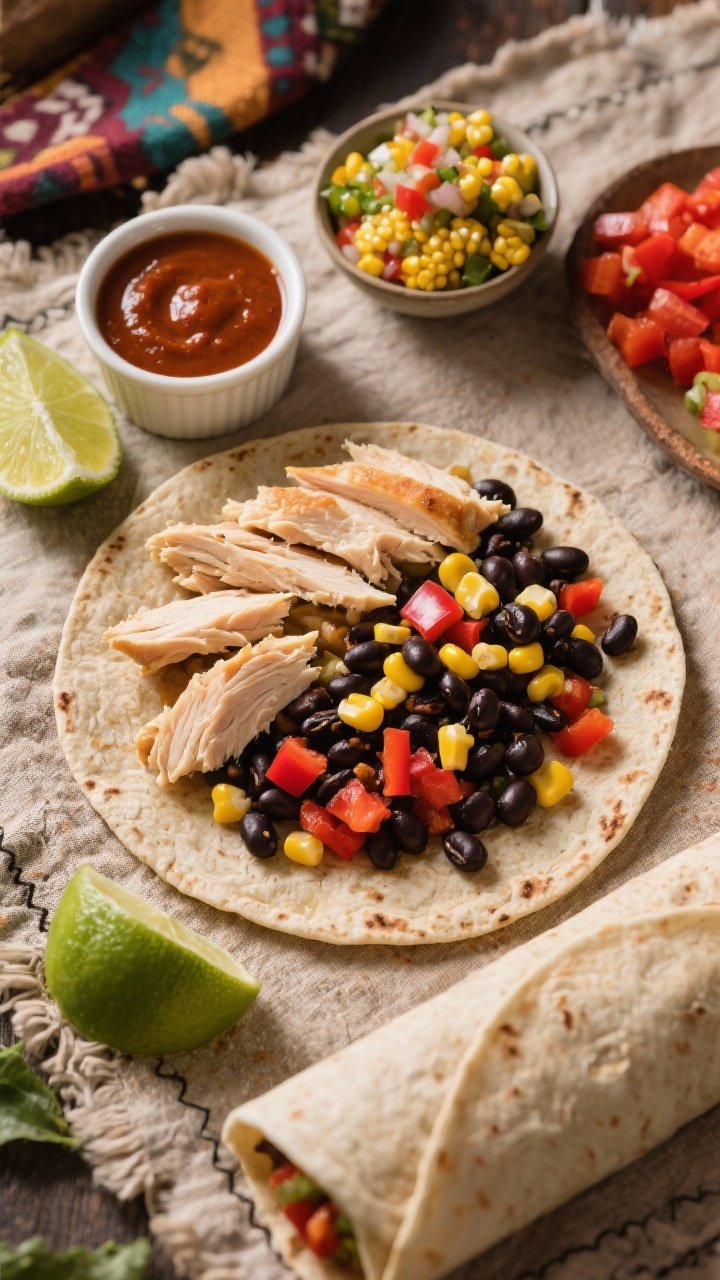 Overhead flat lay of a Chipotle Black Bean and Chicken Wrap filling station: whole-wheat tortilla topped with chopped cooked chicken breast, glossy black beans, sweet yellow corn kernels, and diced red bell pepper; a small ramekin of chipotle sauce, lime wedges for a bright lime corn salsa vibe; warm southwestern color palette, rustic linen, and a faint smoky ambiance; ingredients neatly organized, ready to roll.