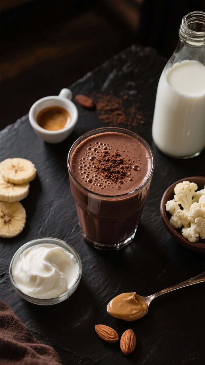 Overhead flat lay of a chocolate almond mocha smoothie setup: a dark, velvety smoothie in a low tumbler with micro-bubbles, dusted lightly with cocoa and espresso grounds. Surround with a shot of espresso in a demitasse, frozen banana coins (and a small bowl of frozen cauliflower as an alt), Greek yogurt, almond butter on a spoon, and milk in a glass bottle. Deep, moody café lighting, rich browns and blacks, high contrast for a coffeehouse feel.
