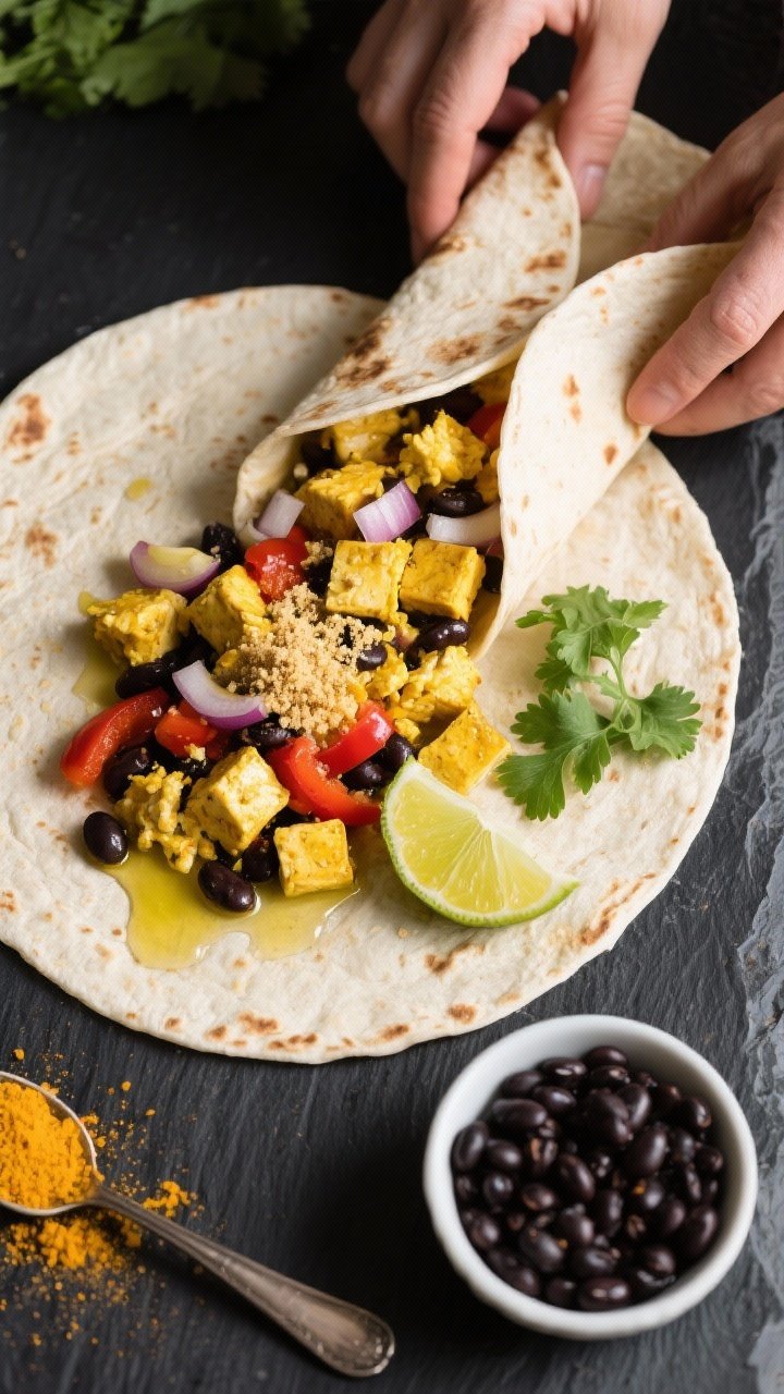 Overhead flat lay of a crunchy tofu breakfast burrito being assembled: warm flour tortillas filled with golden turmeric-scrambled crumbled firm tofu, sautéed diced onion and red bell pepper, zesty black beans, minced garlic aroma, and a sprinkle of nutritional yeast; drizzle of olive oil sheen, lime wedge and cilantro garnish on the side; vibrant contrast on a matte charcoal board with a small bowl of black beans and a spoon dusted with ground turmeric, clean morning light, crisp textures, no people.
