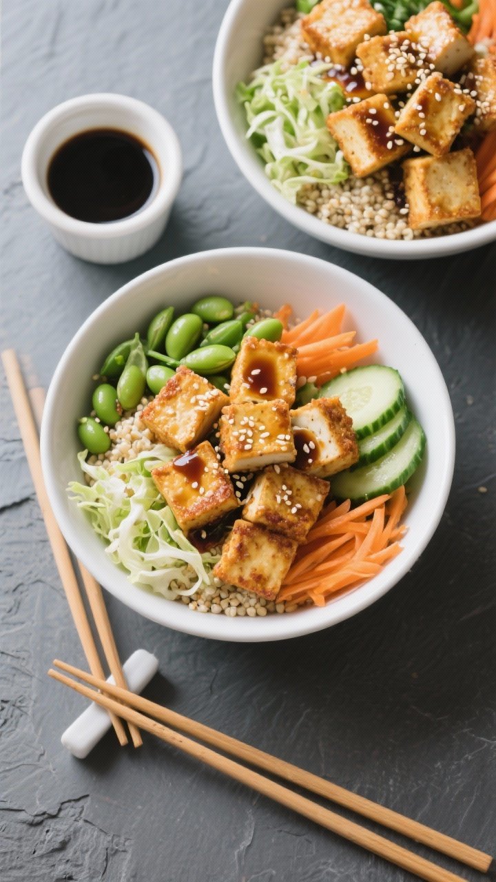 Overhead flat lay of sesame tofu power bowls: golden-crisp cornstarch-coated tofu cubes seared in neutral oil, served over quinoa with bright edamame, shredded cabbage slaw, shaved carrots, and sliced cucumber; drizzled with a glossy sesame-soy dressing and sprinkled with toasted sesame seeds; minimalist white bowls on a slate backdrop with chopsticks and a small ramekin of dressing.
