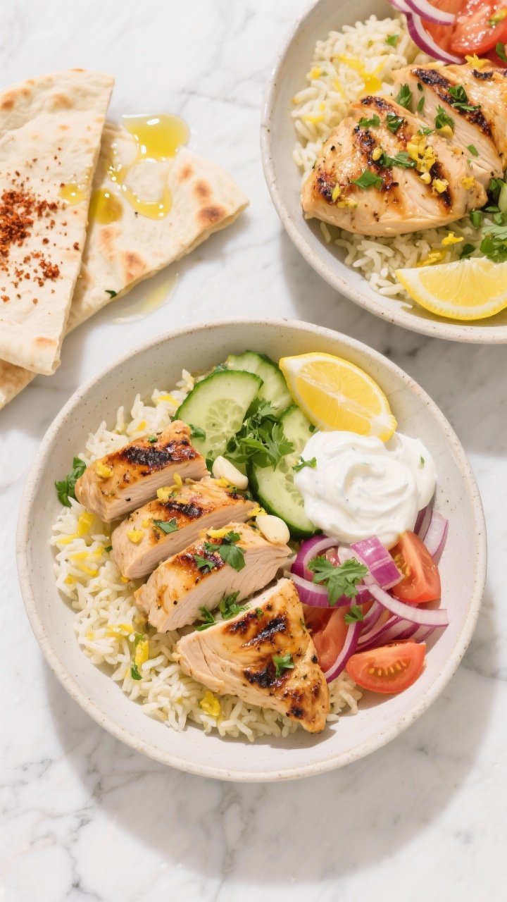 Overhead flat lay of Zesty Lemon-Herb Chicken Shawarma Bowls: sliced, char-grilled boneless skinless chicken thighs marinated in extra-virgin olive oil, fresh lemon juice and zest, minced garlic, ground cumin, and herbs, arranged over fluffy lemony rice with crisp cucumber, tomato, red onion, and parsley, a dollop of garlicky yogurt on the side, warm pita wedges, sprinkled sumac and a glossy olive oil drizzle; bright, sunlit Mediterranean styling on a white marble surface.