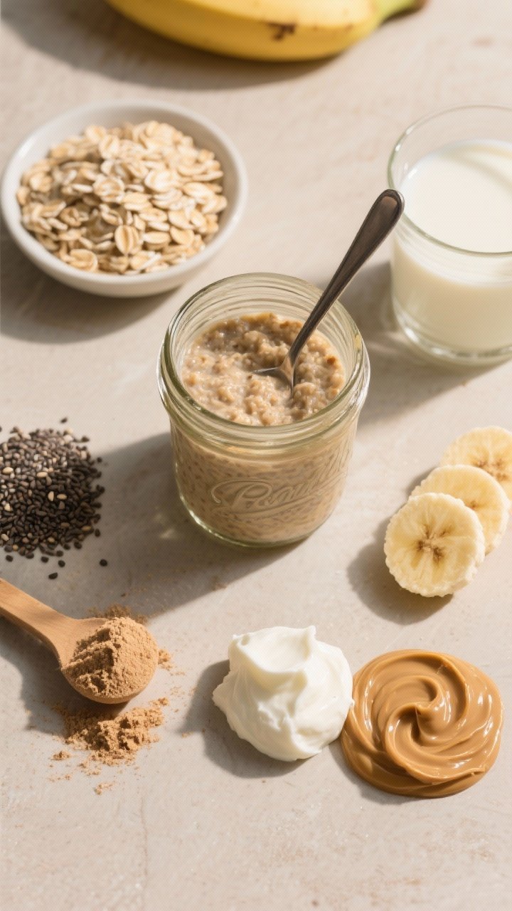 Overhead ingredient-and-prep shot for peanut butter banana protein oats: rolled oats, a scoop of vanilla protein powder, chia seeds, milk in a glass, a dollop of plain Greek yogurt, sliced banana, and a swirl of peanut butter arranged neatly; a mason jar half-filled with mixed overnight oats showing thick, spoonable texture; warm, cozy tones and clean shadows.